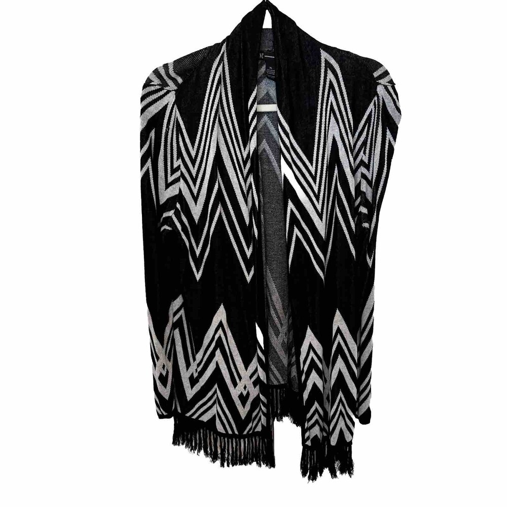 INC International Concepts Black White Chevron Print Fringed Open Cardigan XL